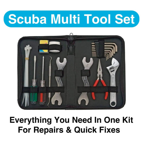 Deluxe Pro Grade Scuba Diving Tool Kit With Nylon Zip Case All In One Repair Set showing tools for regulator maintenance.