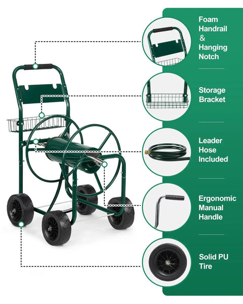 Heavy Duty Garden Hose Reel Cart With Four PU Wheels And Storage Basket Holds Up To 300 Ft Of 5/8 Inch Hose detailed features