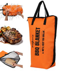 Orange insulated leakproof meat resting blanket for BBQ, 22 inch, showing use with brisket and teardown-resistant design for camping.