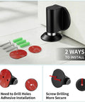 Heavy Duty Magnetic Door Stoppers Featuring Double Magnet Catch With Hardcore Hold To Keep Doors Shut Tight Easy Screw Or Peel Stick Install showing installation options with screws and adhesive.