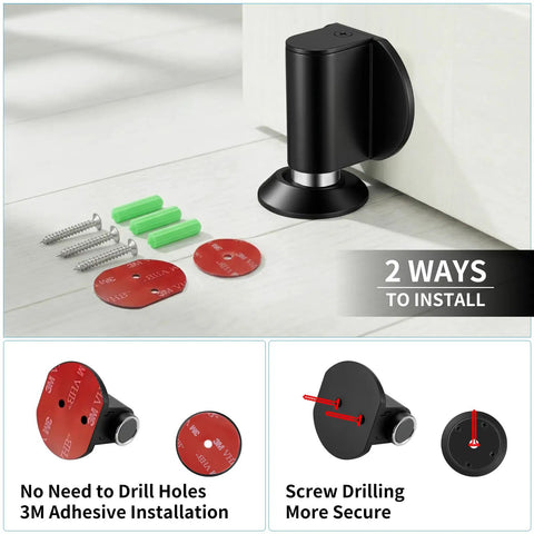 Heavy Duty Magnetic Door Stoppers Featuring Double Magnet Catch With Hardcore Hold To Keep Doors Shut Tight Easy Screw Or Peel Stick Install showing installation options with screws and adhesive.
