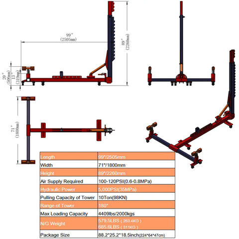 Diagram of 10 Ton Hydraulic Auto Frame Straightener and Car Body Repair Puller for Frame Alignment, dimensions included.