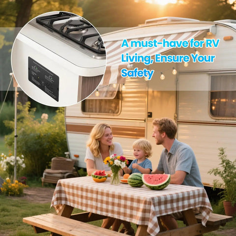 2 In 1 RV Road Trip Ready Carbon Monoxide And Propane Gas Alarm With Separate LED Indicator Light installed in RV kitchen