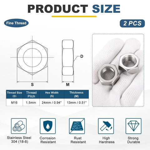Top Shelf 304 Stainless Steel Hex Nuts 2 Pack M16x1.5mm Fine Thread Lock Fasteners product size diagram with detailed measurements.