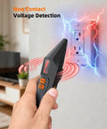 Circuit Breaker Finder And GFCI Outlet Tester Digital Receiver Pro Grade With Color Screen NCV Detection For Home Electrical Safety Includes Carrying Case And Adapters 90 To 135V AC Circuits FTCT02 in use for voltage detection near an outlet.