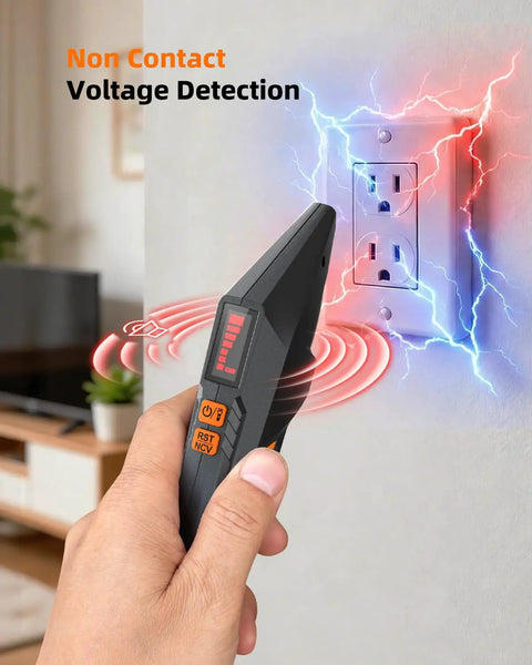 Circuit Breaker Finder And GFCI Outlet Tester Digital Receiver Pro Grade With Color Screen NCV Detection For Home Electrical Safety Includes Carrying Case And Adapters 90 To 135V AC Circuits FTCT02 in use for voltage detection near an outlet.