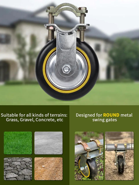 Six Inch Gate Wheel For Metal Tube Gates One Pack Anti Slip Adjustable Farm Gate Wheel with mounting hardware, outdoor setting