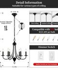 Black 6 Light Farmhouse Chandelier For Dining Room 22.4 Inch With E12 Base Industrial Ceiling Light Fixture dimensions and features