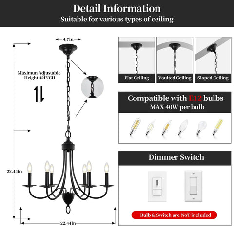 Black 6 Light Farmhouse Chandelier For Dining Room 22.4 Inch With E12 Base Industrial Ceiling Light Fixture dimensions and features