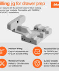 Precision drilling template for concealed undermount drawer runners that simplifies installation, delivering accurate rear-hook and locking-screw hole alignment. Gray plastic jig for Blum TANDEM and MOVENTO.