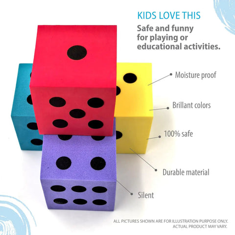 Jumbo Foam Dice Set For Classroom And Home Schooling 1.96 Inch Dice In assorted bright colors with educational labels