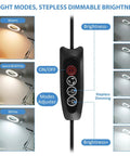 Control panel of 10X Magnifying Glass With Light And Stand, showing three color modes and stepless dimmable brightness options.