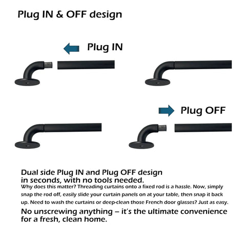 Adjustable Sash Curtain Rod For French Doors With Tough Three Eighth Inch Steel Bar And Low Profile Brackets Delivering Dead Simple Screw Or Sticky Tape Mount For Wood Glass Aluminum Slider Panels In Matte Black Pack, showcasing Plug IN and OFF design.