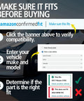 Amazon Confirmed Fit compatibility check instructions with vehicle make and model input steps for automotive parts.