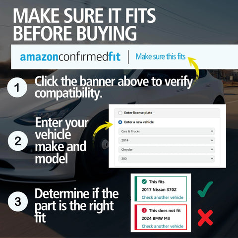 Instructions to verify car part compatibility using Amazon's confirmed fit tool with vehicle make and model input example.