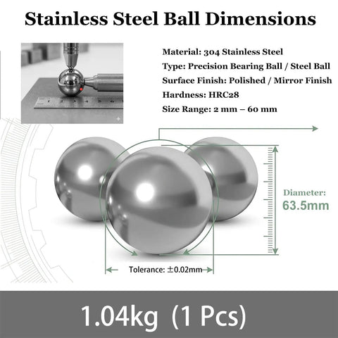 Rock Solid 304 Stainless Steel Balls Extra Large Precision Bearing Spheres 50Mm To 100Mm Shop Grade Industrial Metal Orbs showing dimensions and polished finish.