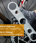 Five In One Bottom Bracket Wrench For 39mm 40.5mm And 44mm External Bearing Cups With 16 Notches, Cr V Steel, held by gloved hand