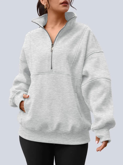 Women's Quarter Zip Oversized Fleece Pullover Hoodie Sweatshirt Mock Neck Sweater For Fall, Gray, Size M.