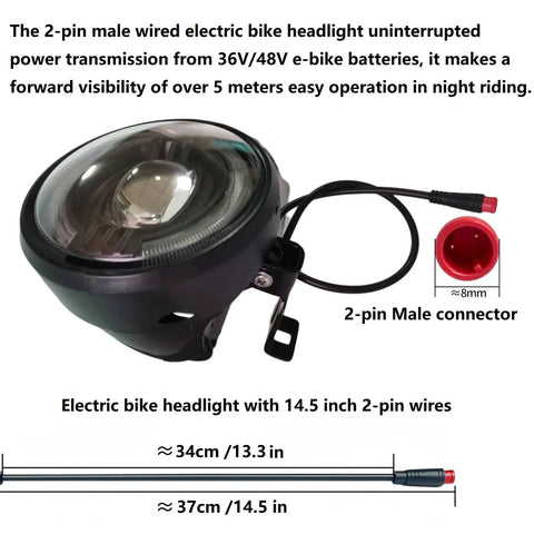 Front Headlight For E Bike With 2 Pin Male Waterproof Connector High Bright Led Bulb For Fat Tire Mountain Bikes 6 To 60V Compatible Sturdy