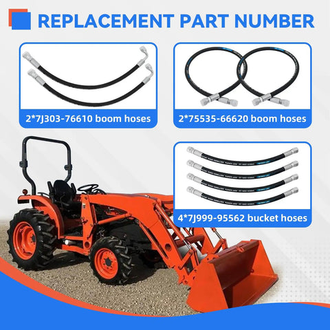 Front Loader Hydraulic Hose Kit For Boom And Bucket Cylinders, Beefed-Up Heavy Duty Replacement Set 7J303-76610, 75535-66620, 7J999-95562 Fits LA350A LA401 LA402 LA402-1 With Durable Hoses For Smooth Operation displayed with replacement part numbers and tractor