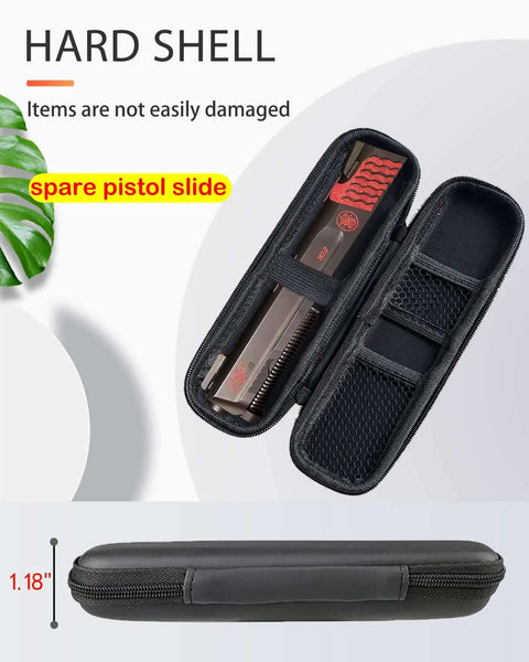 Heavy Duty Slim Pencil Case For Adults And Jetsetters With Dang Tough Waterproof Hard Shell Armor And Snap Tight Elastic Bands showing storage pouch open with spare pistol slide.