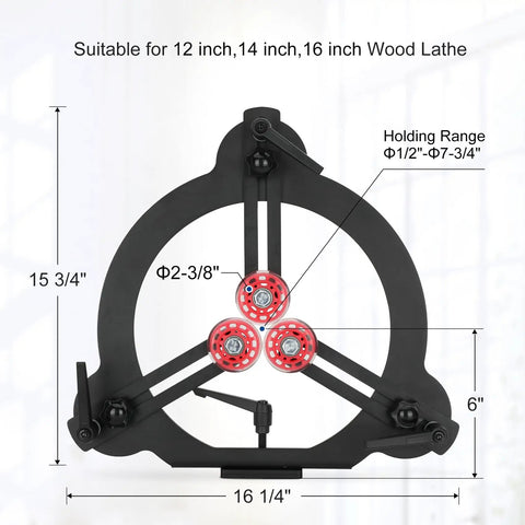 Pro Grade Woodturning Steady Rest For 12 14 And 16 Inch Lathe Swing 3 Point Adjustable Woodworking Stabilizer dimensions shown