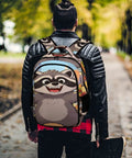 Man with Burger Raccoon City Street Print Backpack For Men And Women in urban setting, streetwear vibe, large capacity daypack.