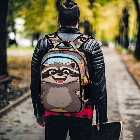 Man with Burger Raccoon City Street Print Backpack For Men And Women in urban setting, streetwear vibe, large capacity daypack.