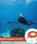 Diver underwater with spearfishing float line 100 ft orange foam filled braided polypropylene tow rope pro grade one quarter inch