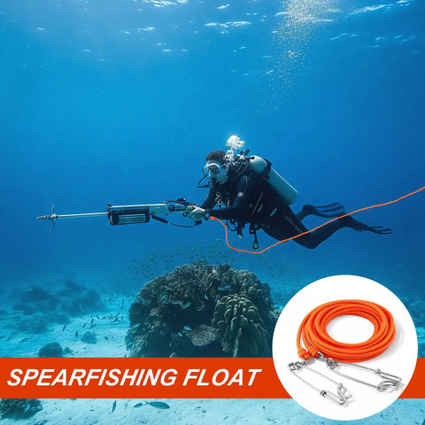 Diver underwater with spearfishing float line 100 ft orange foam filled braided polypropylene tow rope pro grade one quarter inch