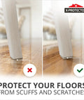 Comparison of floor protection showing Heavy Duty No Sweat Adhesive Felt Furniture Pads on furniture legs, preventing scratches.