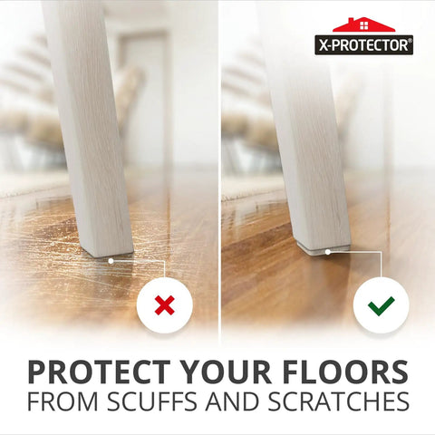 Comparison of floor protection showing Heavy Duty No Sweat Adhesive Felt Furniture Pads on furniture legs, preventing scratches.