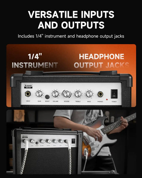 DEA 20W Electric Guitar Amp With Built In Reverb Clean And Overdrive Switch Treble And Bass EQ showing input and output jacks