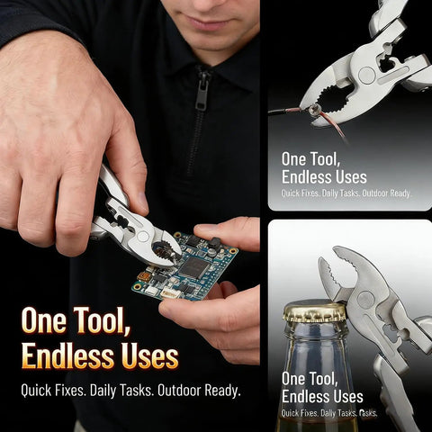 Hands using 9 In 1 Keychain Multitool Pliers With Wire Cutter And Bottle Opener, Heavy Duty Stainless Steel EDC Tool for various tasks