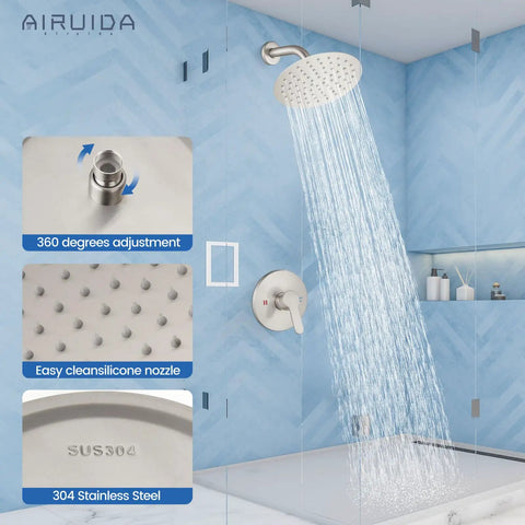 8 Inch Round Rain Shower Head Set With Stainless Steel Single Handle Trim Kit, Wall Mount Bath System, brushed nickel finish