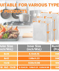 Pro Grade Precut Quart Vacuum Sealer Bags for Food sizes and dimensions chart with kitchen background