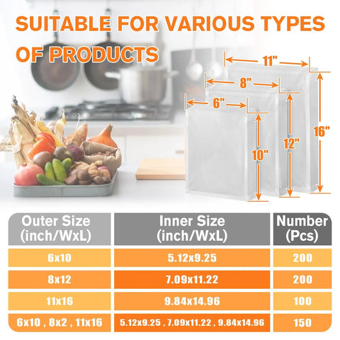 Pro Grade Precut Quart Vacuum Sealer Bags for Food sizes and dimensions chart with kitchen background