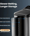 Countertop nugget ice maker, stainless steel body with black lid and control panel, side view.