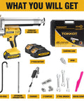 Powerful 14,000 PSI Cordless Grease Gun Kit with two batteries, 21 inch flexible hose, LED light, and accessories.