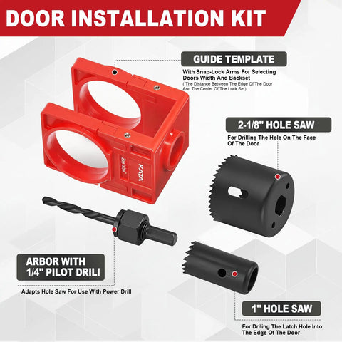 Premium Slick No Hassle Door Hinge Mortise Jig And Knockout Door Lock Installation Kit For 2.5 To 5 Inch Wide Doors, red guide template and hole saws.