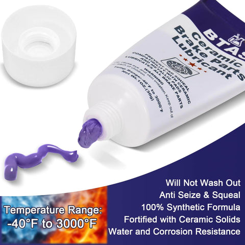Tube of Pro Grade High Temp Brake Caliper Grease For Disc Brakes, 2 Pack 1oz Each, Synthetic Silicone Ceramic Assembly Lubricant extruding purple grease