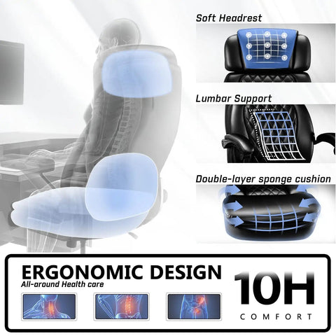 Illustration showing ergonomic features of Heavy Duty 400 Lb Capacity Executive Office Chair With Foot Rest, including lumbar support.