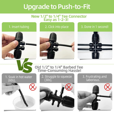Comparison of push-to-fit and old barbed drip irrigation fitting processes with Six Pack One Half To One Quarter Inch Drip Irrigation Fittings Push To Fit Barbed Tee Splitter Leakproof Locking Connector For One Half Inch Tubing Six Way Distribution For Precise Backyard Watering.