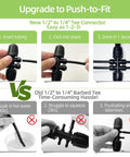 Comparison of 12 Pack 1/2 Inch To 1/4 Inch Drip Irrigation Fittings Kit showing easy Push-To-Fit vs traditional method