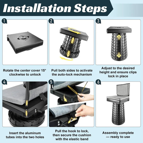 Assembly steps for Heavy Duty Collapsible Stool With Backrest And Extra Thick Cushion 1000lbs Max Portable Folding Outdoor Chair.