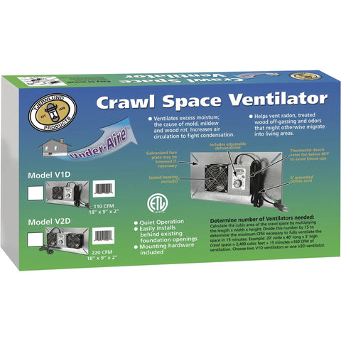 UnderAire Crawlspace Ventilator Fan packaging with model details, 110 and 220 CFM options, reducing moisture and mold in crawl spaces.