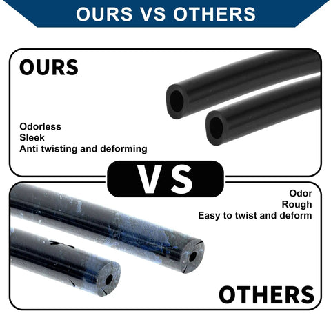 Comparison of Beefy Silicone Vacuum Hose High Temp Automotive Vacuum Line Three Point Three Feet Long Twelve Millimeter Inner Diameter Three Point Five Millimeter Thick Black versus competitor hose, highlighting sleek and odorless features.