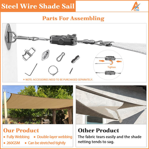 Assembly parts for 30 X 32 Foot Rectangle Sun Shade Sail With Heavy Duty UV Resistant Fabric Wire Cable for Pergola