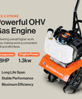 Close-up of Beast Compact Gas Powered Mini Tiller Cultivator With 52cc Engine 1.8HP highlighting OHV gas engine details.