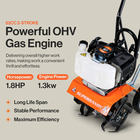 Close-up of Beast Compact Gas Powered Mini Tiller Cultivator With 52cc Engine 1.8HP highlighting OHV gas engine details.